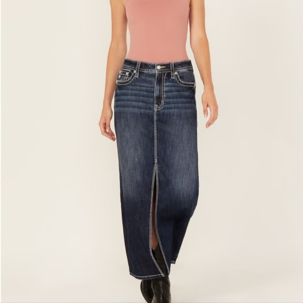 Miss Me Medium Wash Embroired Pocket Maxi Denim Skirt